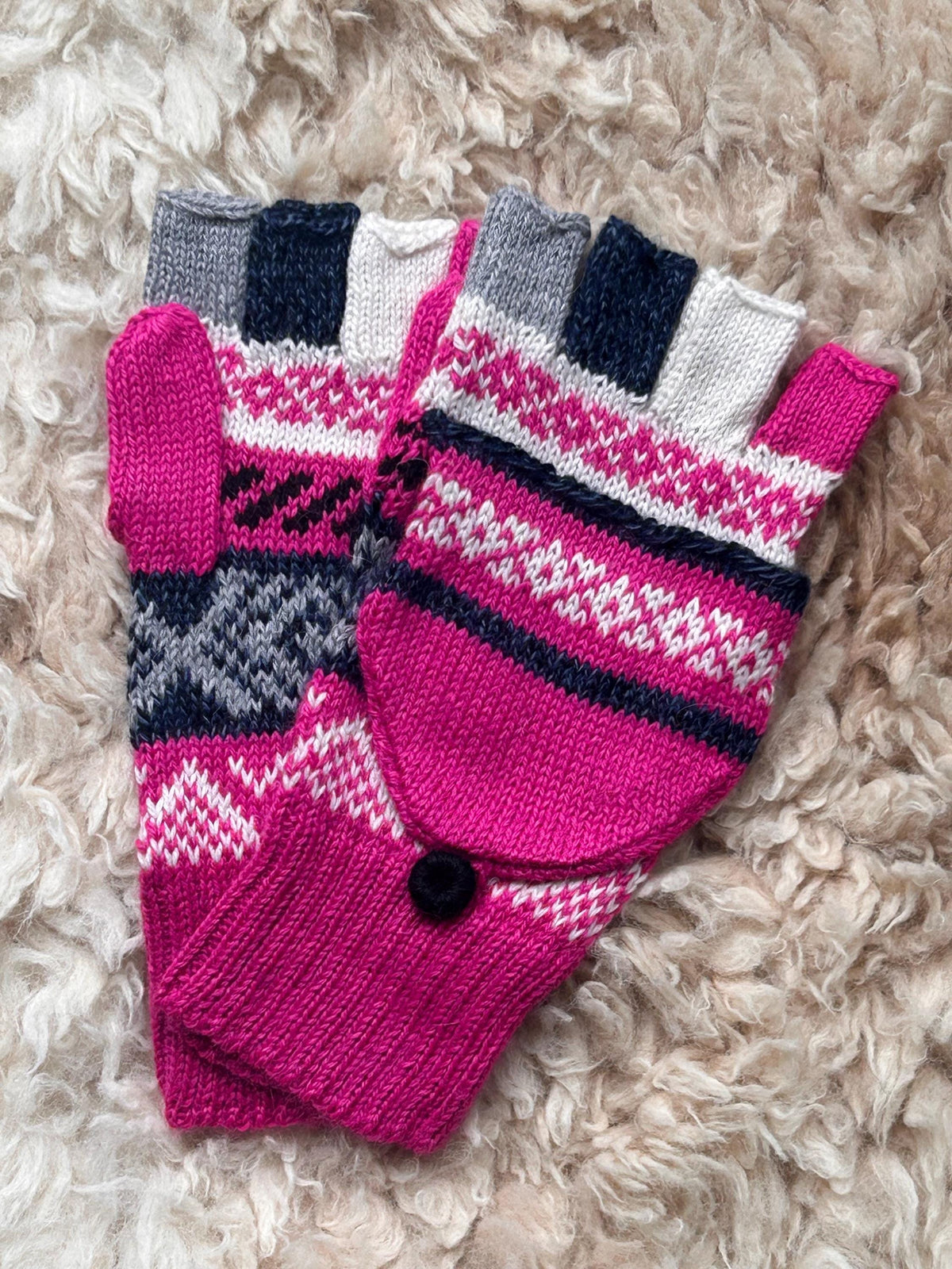 Hot Pink & Neutrals Fair Isle Convertible Alpaca Mittens