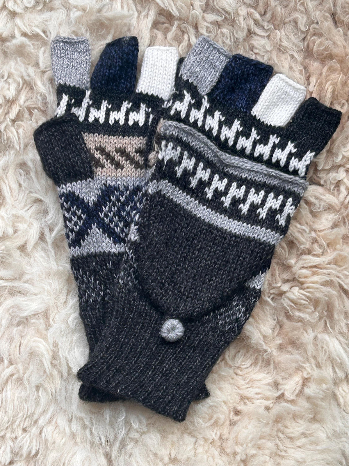 Burgundy & Charcoal Llama Half-Thumb Convertible Alpaca Mittens, photo 5