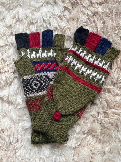 Olive & Navy Llama Half-Thumb Convertible Alpaca Mittens