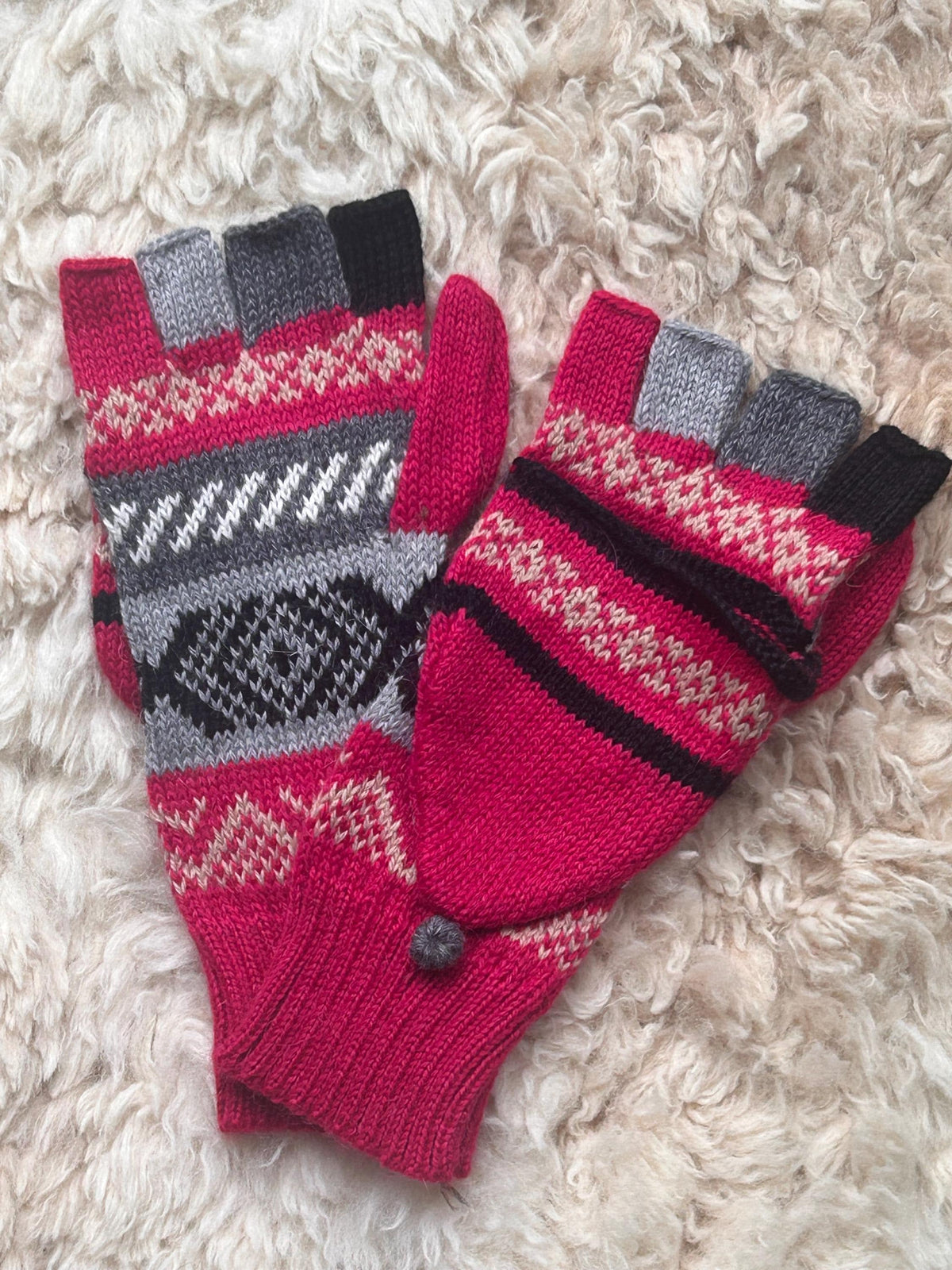 Black & Raspberry Fair Isle Convertible Alpaca Mittens, photo 4