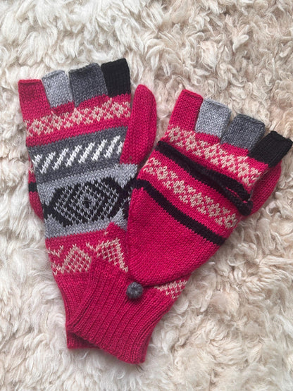 Black & Raspberry Fair Isle Convertible Alpaca Mittens, photo 4