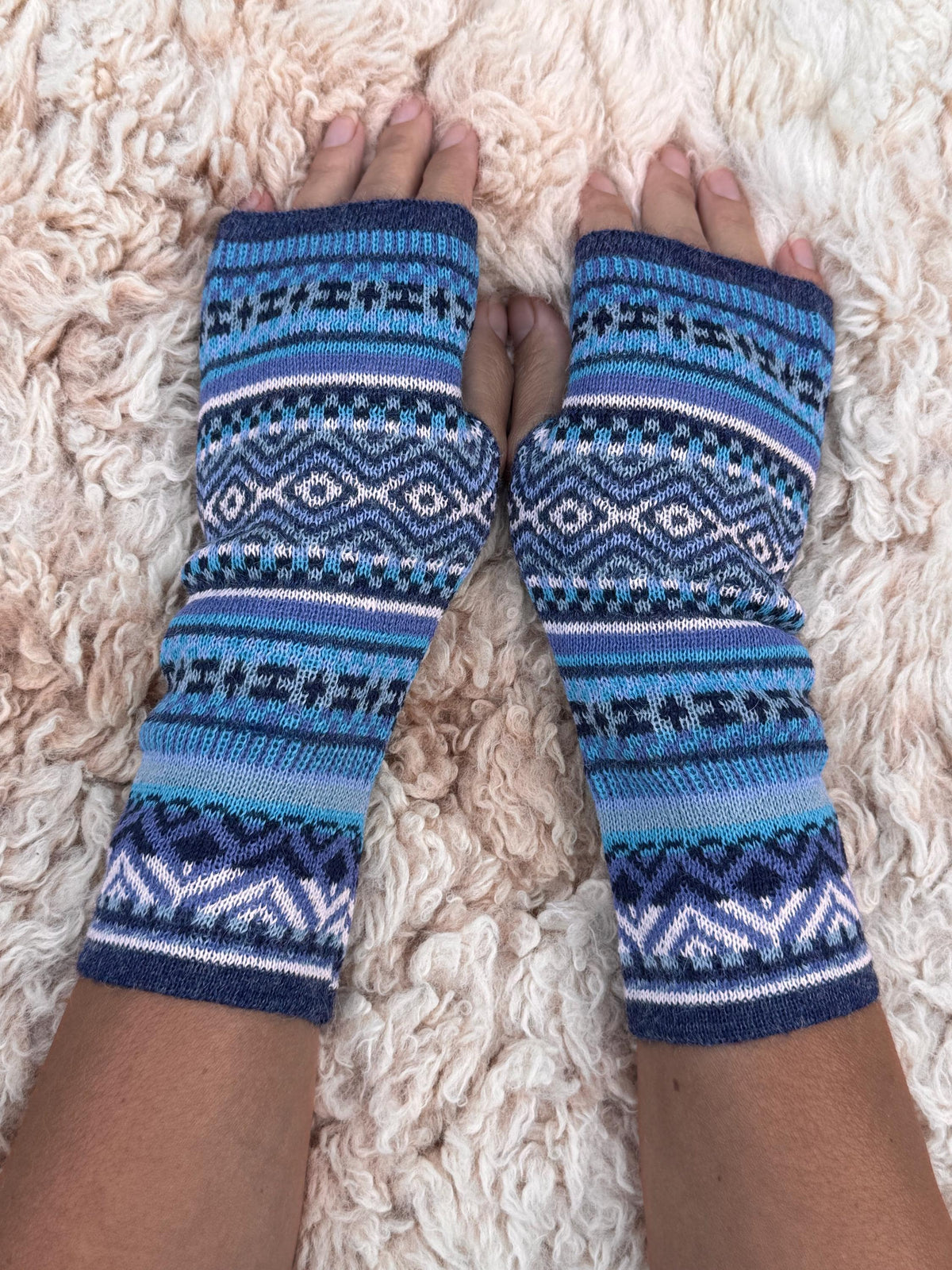 Sky Blue Fair Isle Baby Alpaca Fingerless Gloves