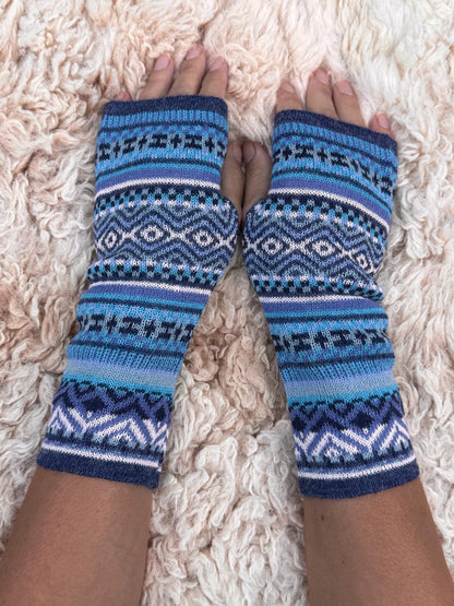 Sky Blue Fair Isle Baby Alpaca Fingerless Gloves