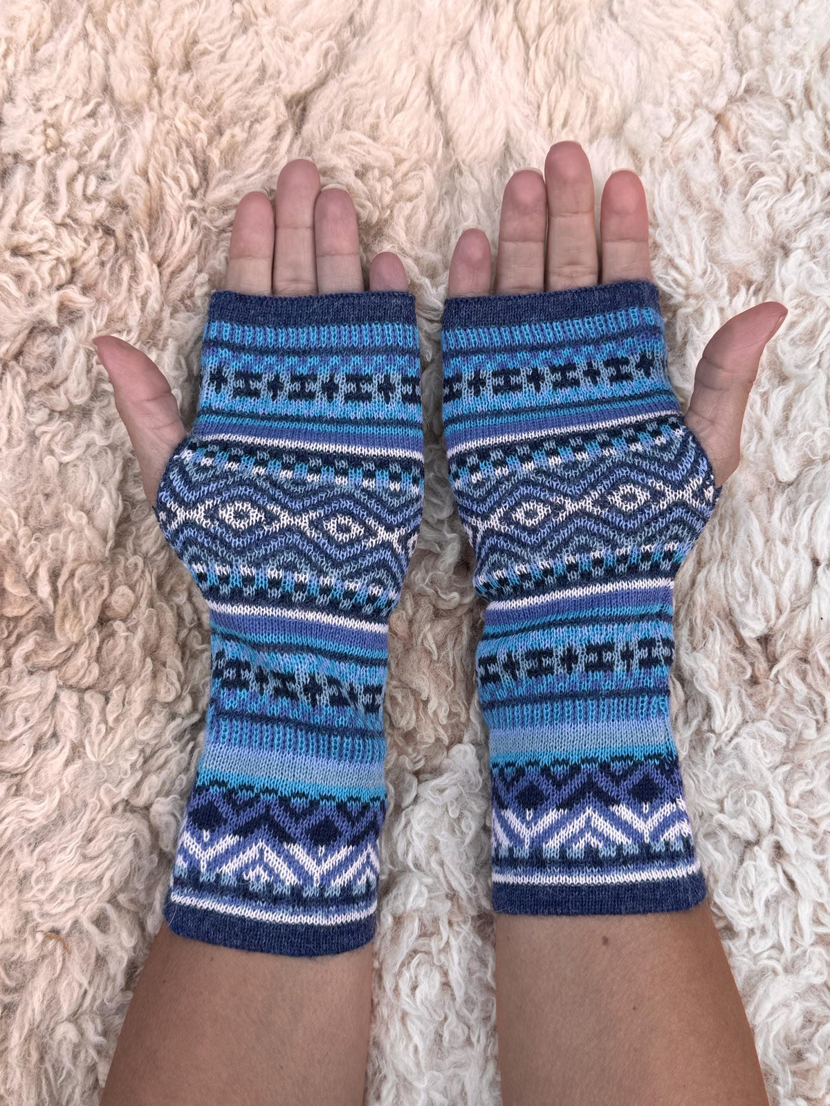 Sky Blue Fair Isle Baby Alpaca Fingerless Gloves, photo 3