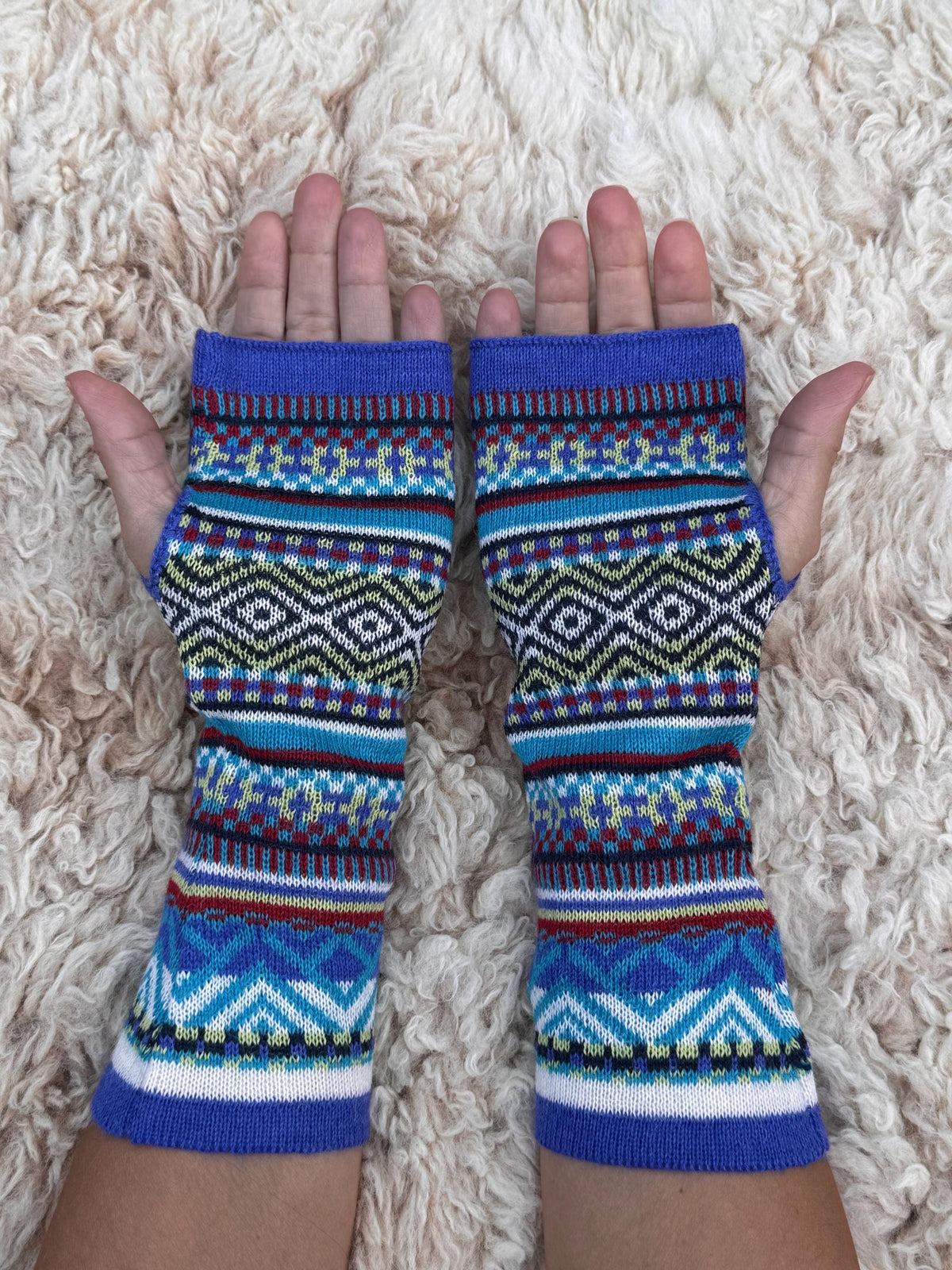 Royal Blue & Turquoise Fair Isle Baby Alpaca Fingerless Gloves, photo 3