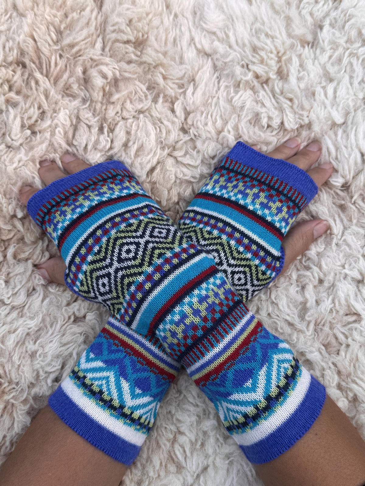 Royal Blue & Turquoise Fair Isle Baby Alpaca Fingerless Gloves, photo 2