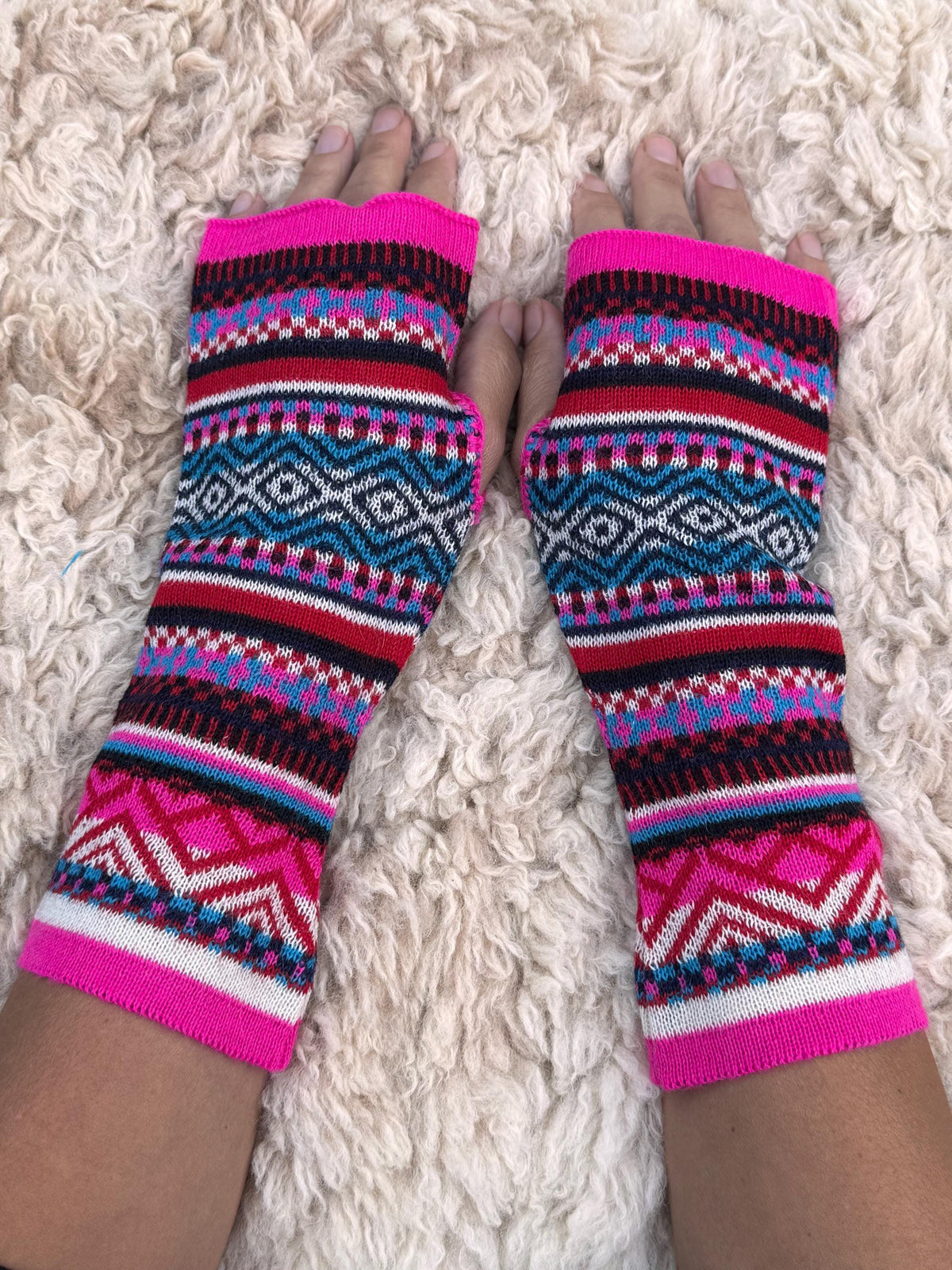 Neon Pink & Teal Fair Isle Baby Alpaca Fingerless Gloves
