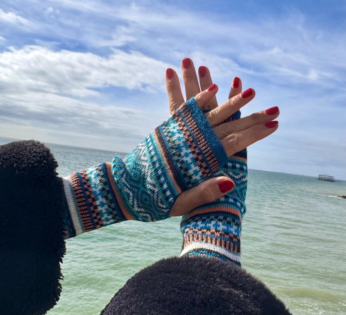 Teal & Coral Fair Isle Baby Alpaca Fingerless Gloves, photo 8