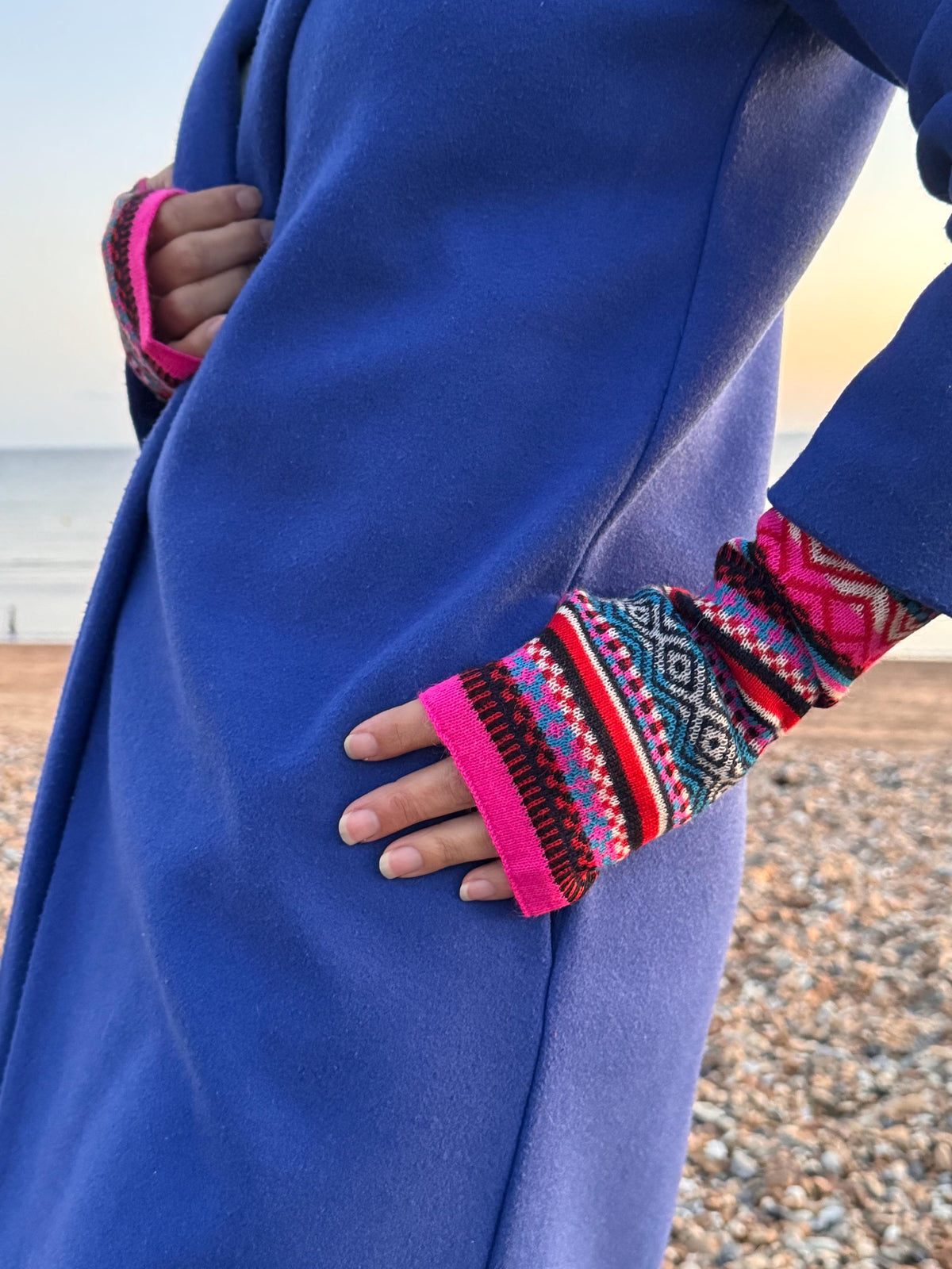 Neon Pink & Teal Fair Isle Baby Alpaca Fingerless Gloves, photo 6