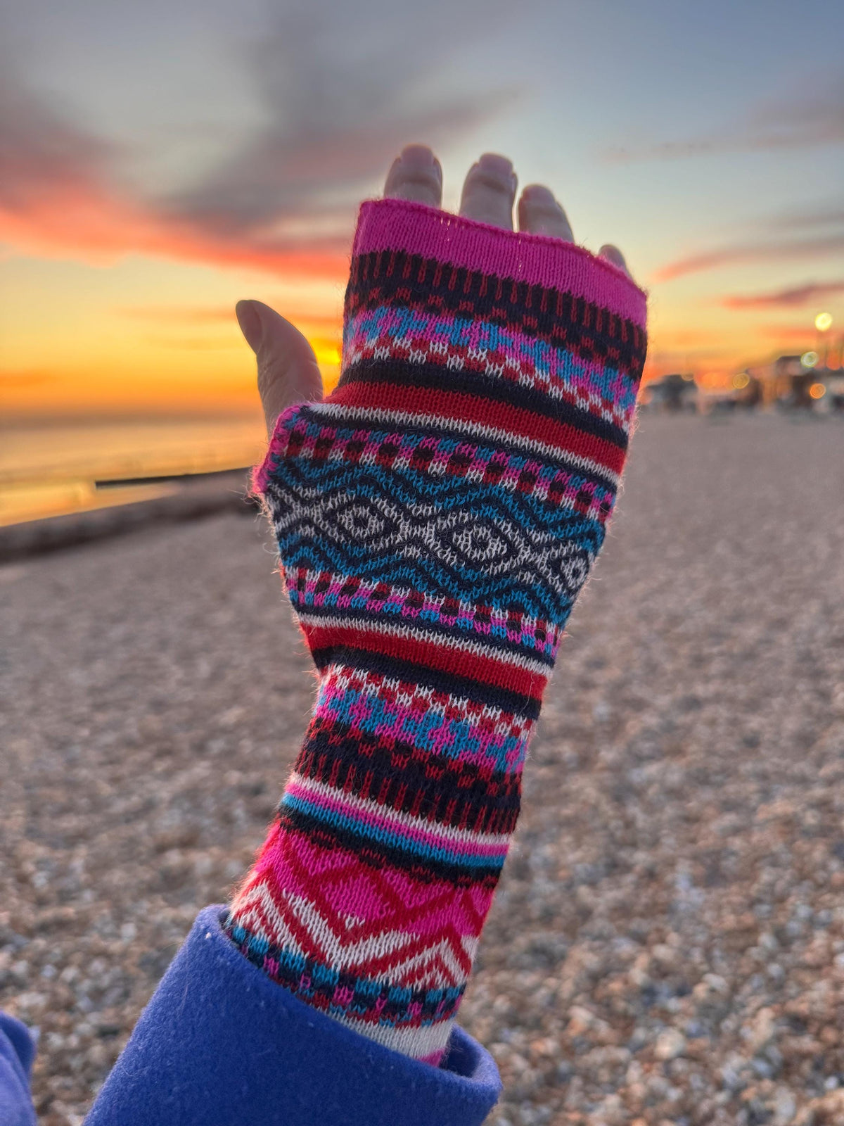 Neon Pink & Teal Fair Isle Baby Alpaca Fingerless Gloves, photo 2