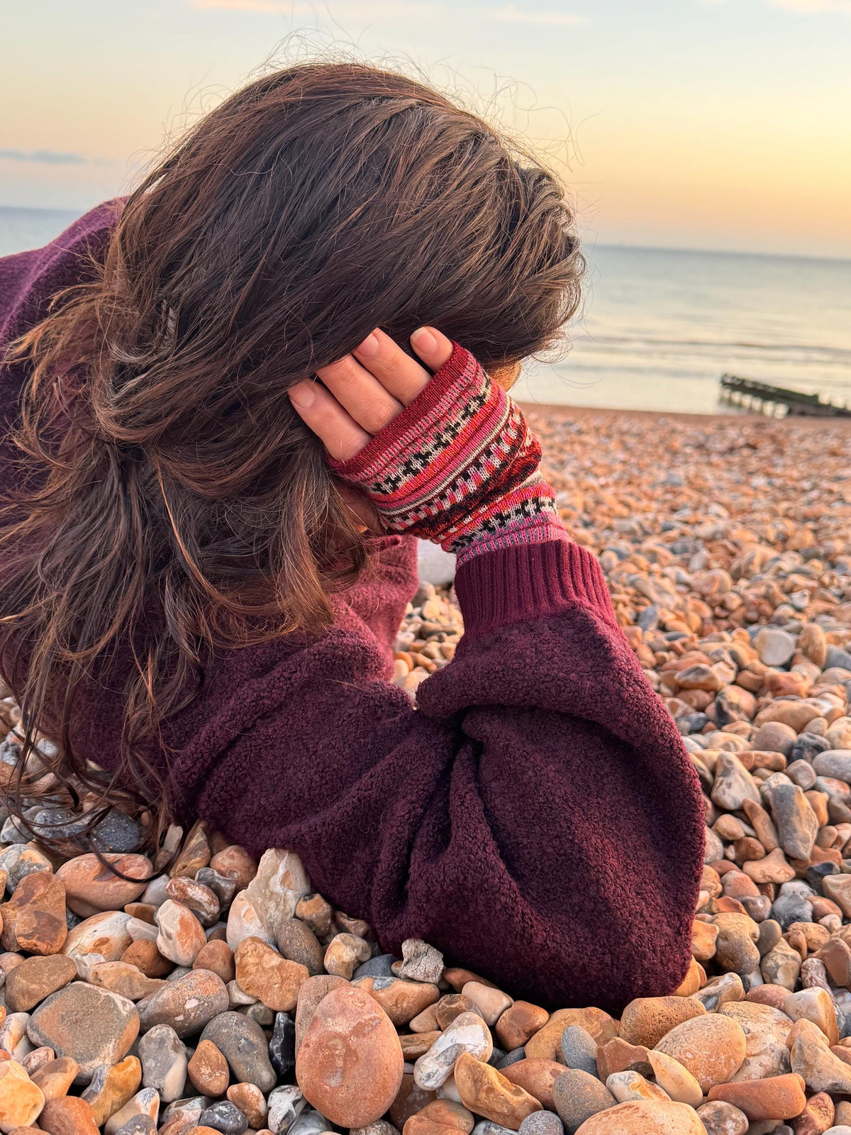 Burgundy & Pink Fair Isle Baby Alpaca Fingerless Gloves, photo 7