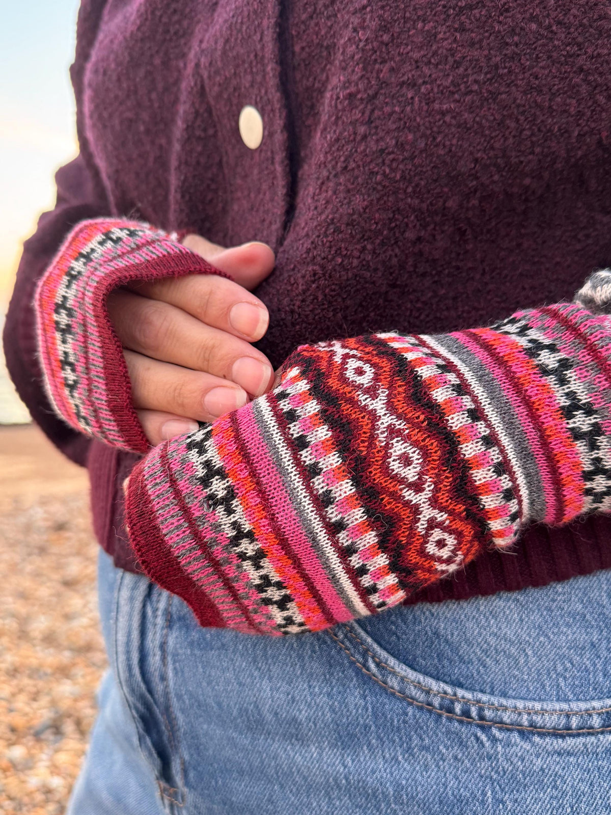 Burgundy & Pink Fair Isle Baby Alpaca Fingerless Gloves, photo 4