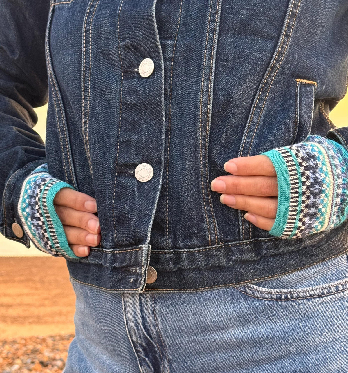 Turquoise & Navy Fair Isle Baby Alpaca Fingerless Gloves, photo 4