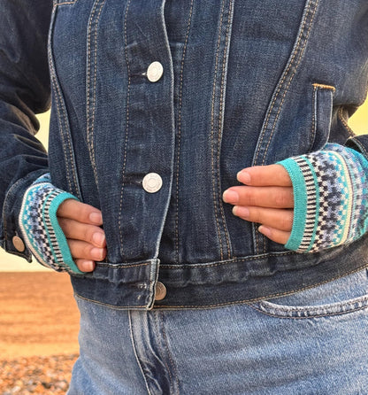 Turquoise & Navy Fair Isle Baby Alpaca Fingerless Gloves, photo 4