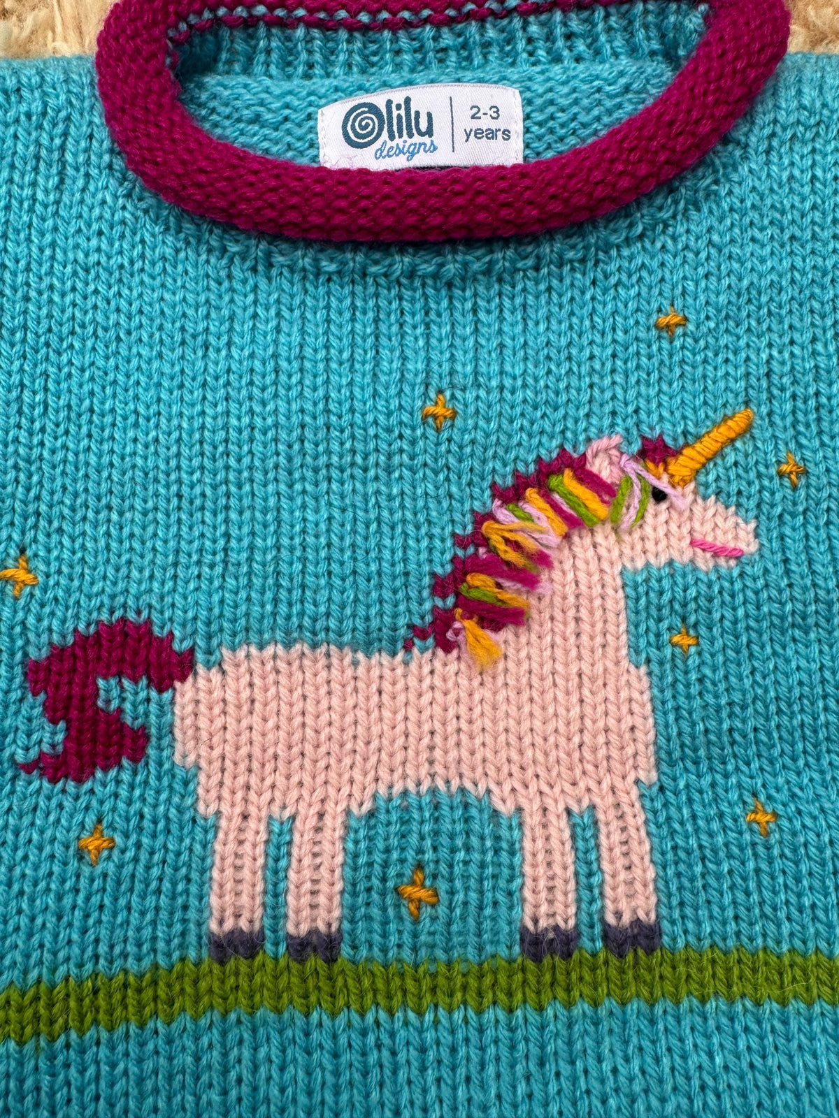 Turquoise Unicorn Hand-Embroidered Alpaca Kids Jumper, photo 2