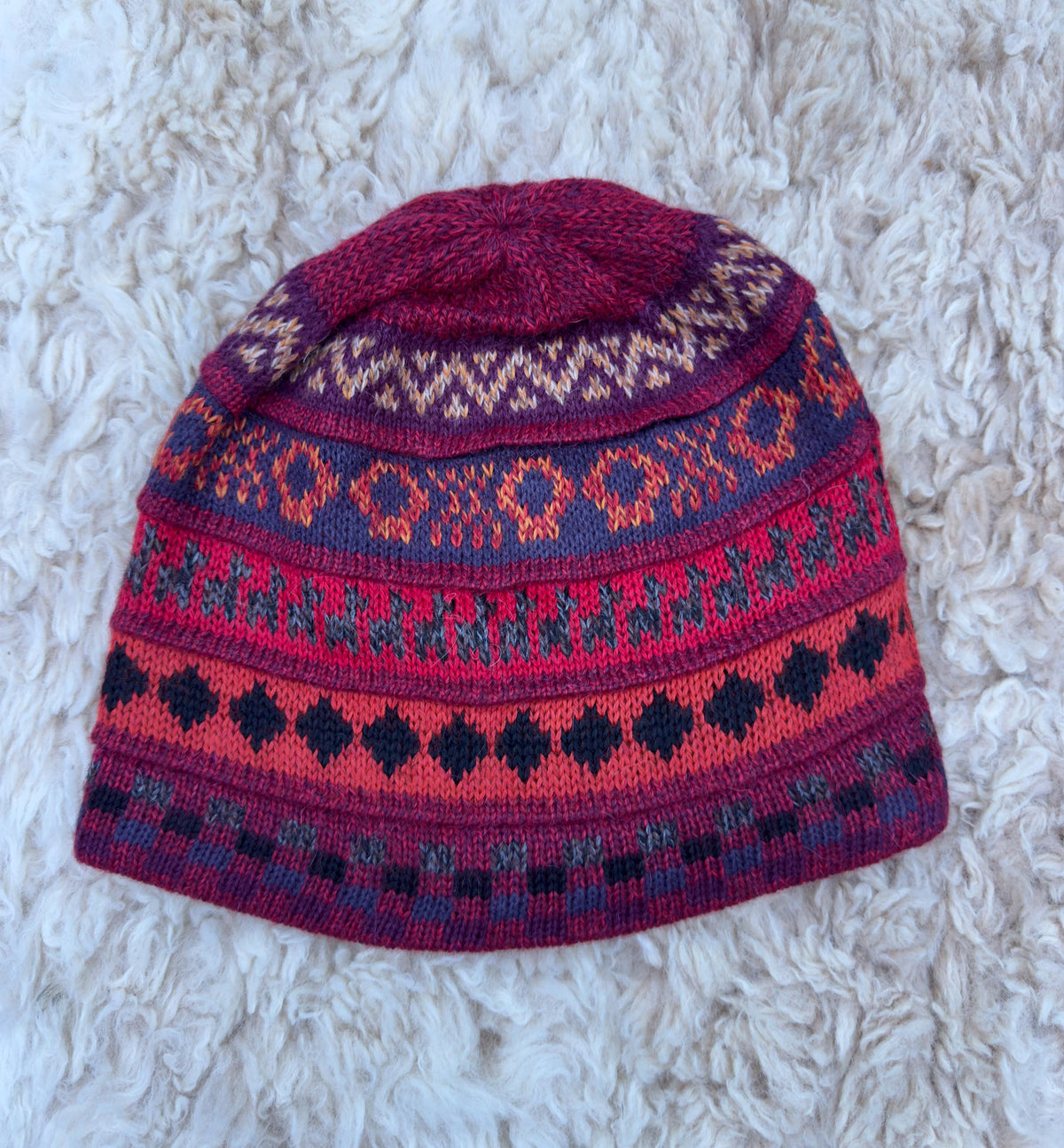 Red Reversible Llama Fair Isle Alpaca Beanie