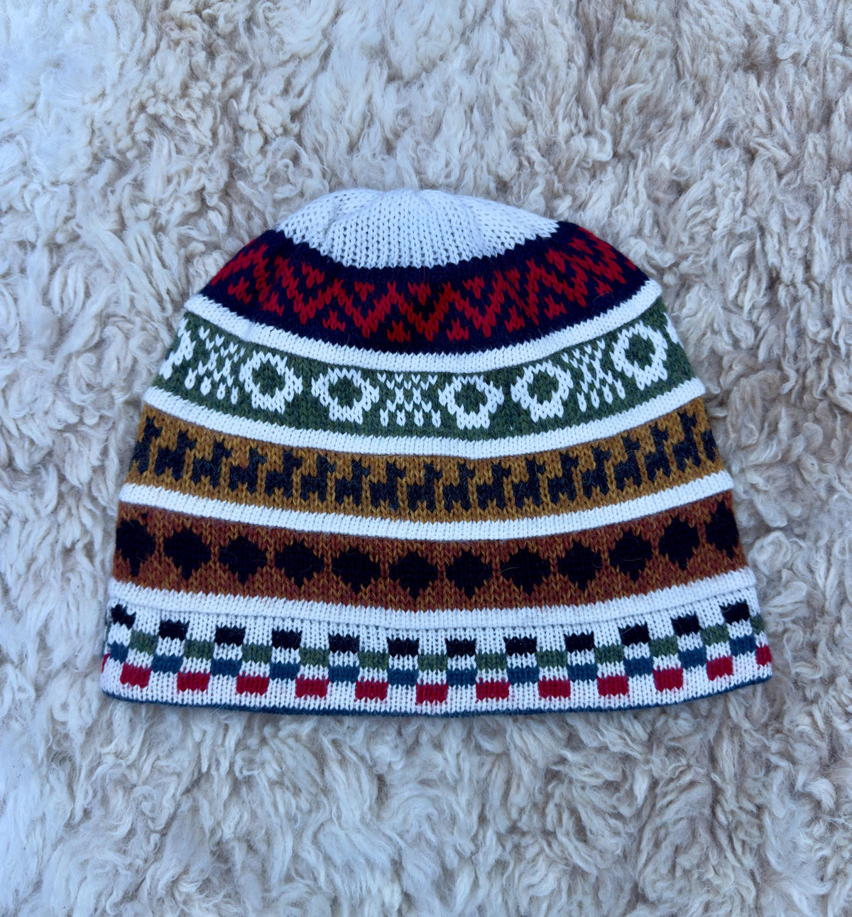White Reversible Llama Fair Isle Alpaca Beanie