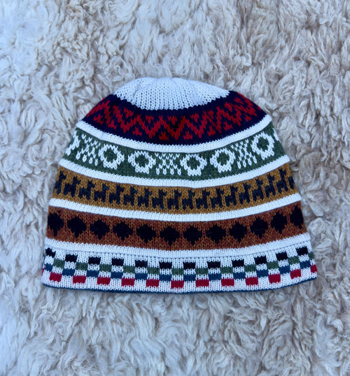White Reversible Llama Fair Isle Alpaca Beanie