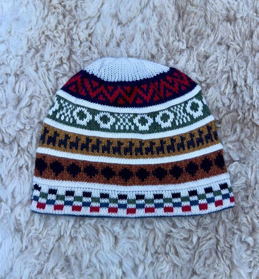 White Reversible Llama Fair Isle Alpaca Beanie