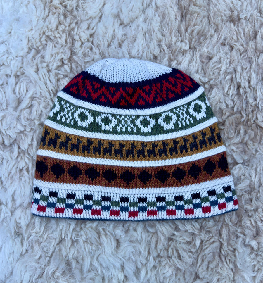 White Reversible Llama Fair Isle Alpaca Beanie