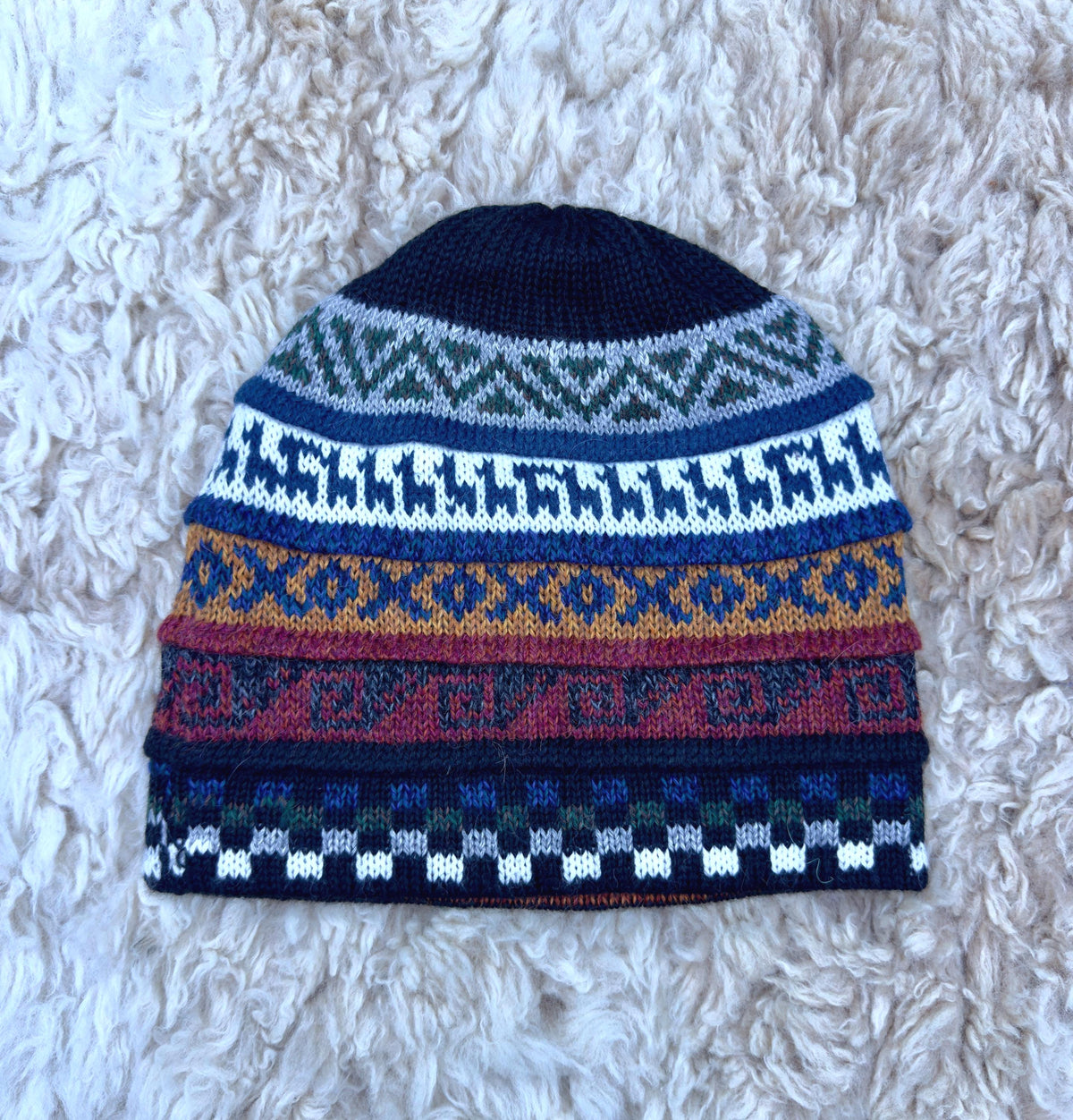 Black Reversible Llama Fair Isle Alpaca Beanie