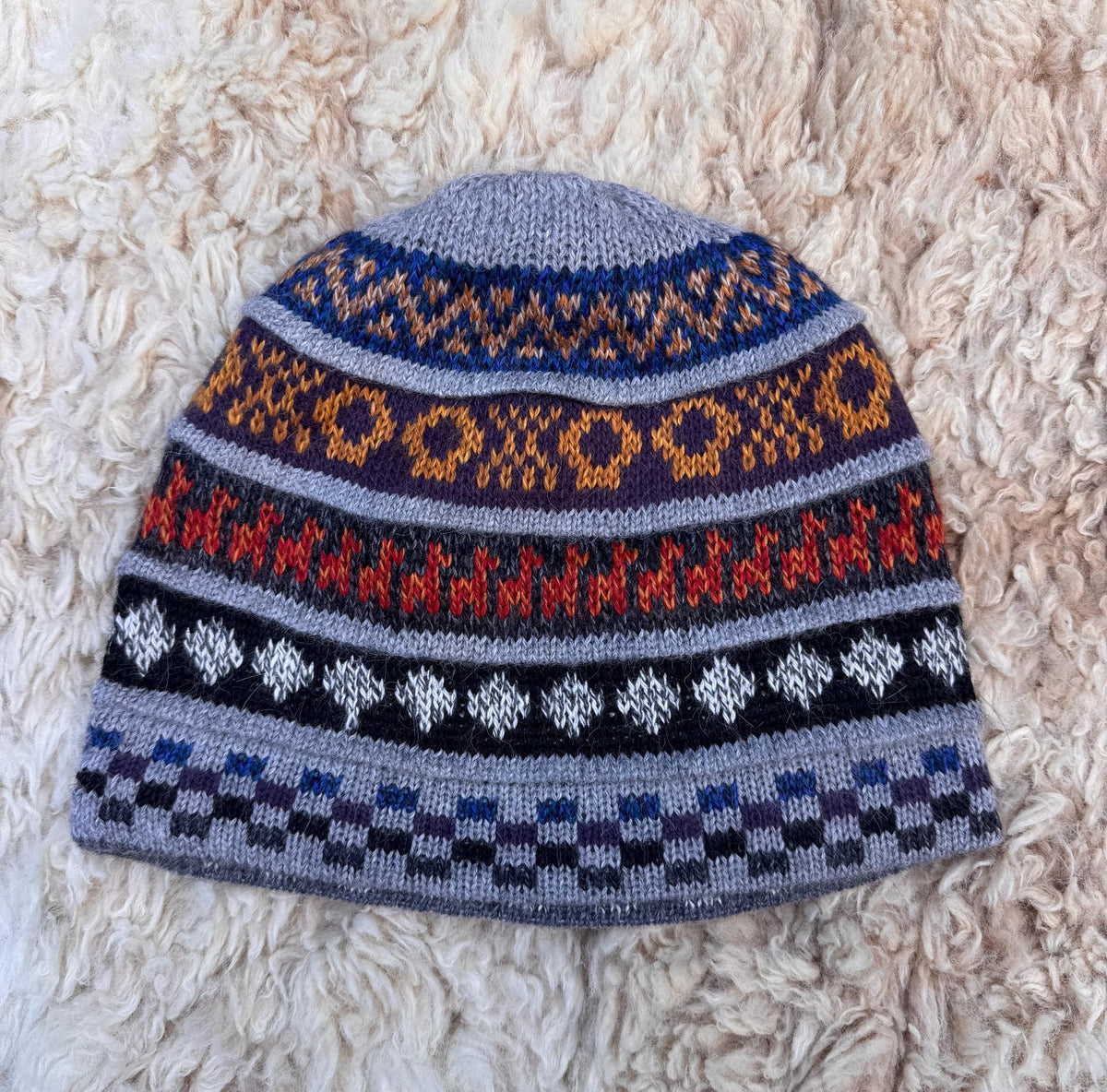Light Grey Reversible Llama Fair Isle Alpaca Beanie