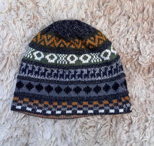 Dark Grey Reversible Llama Fair Isle Alpaca Beanie