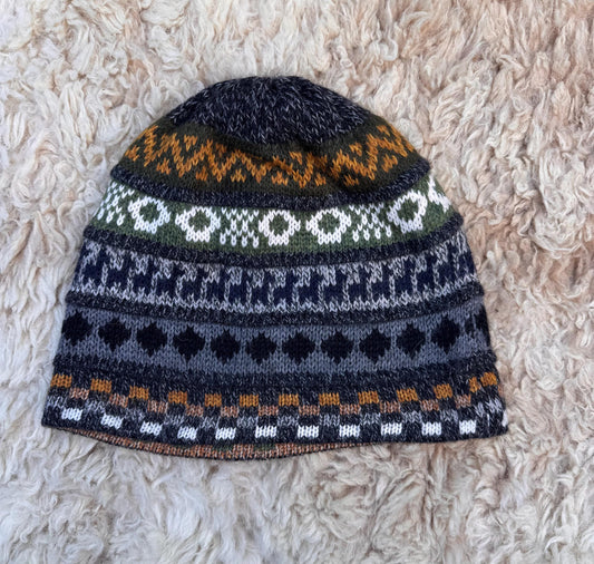 Dark Grey Reversible Llama Fair Isle Alpaca Beanie