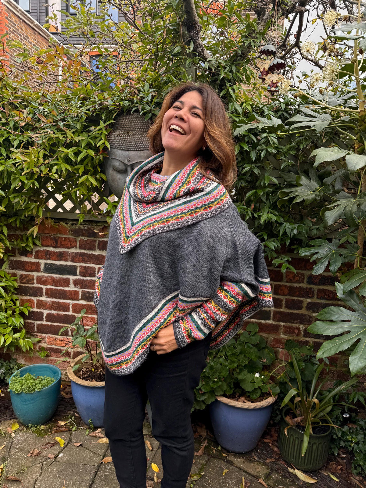 Charcoal & Pink Fair Isle Alpaca Poncho with Sleeves