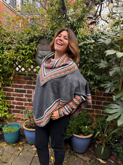 Charcoal & Pink Fair Isle Alpaca Poncho with Sleeves