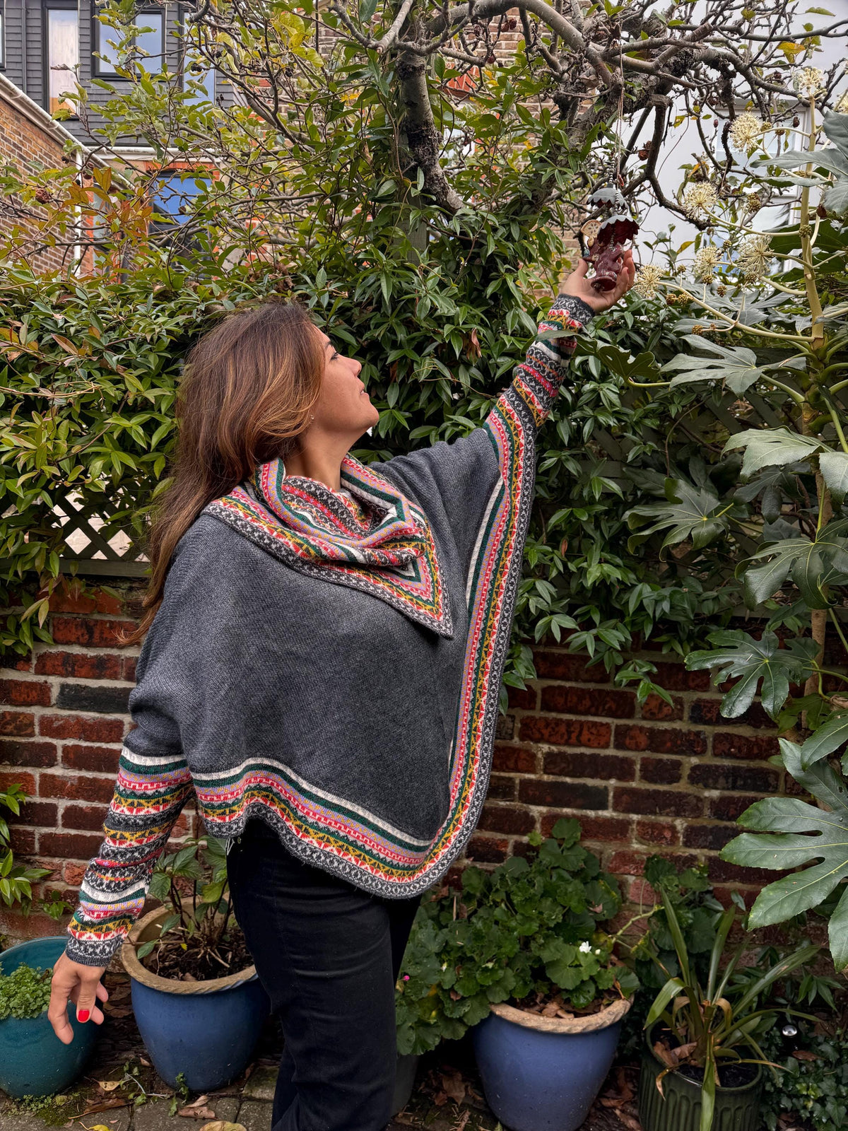 Charcoal & Pink Fair Isle Alpaca Poncho with Sleeves, photo 2