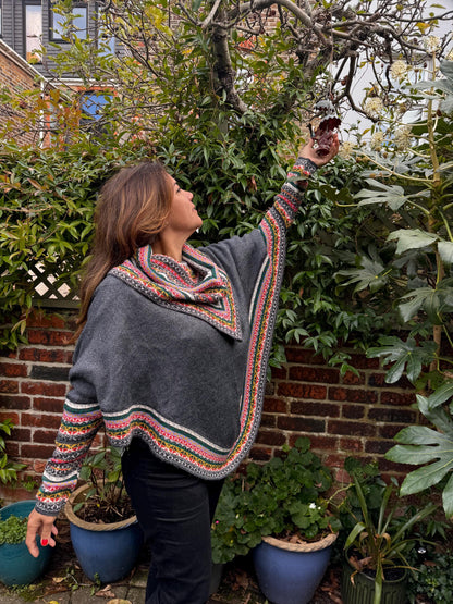 Charcoal & Pink Fair Isle Alpaca Poncho with Sleeves, photo 2