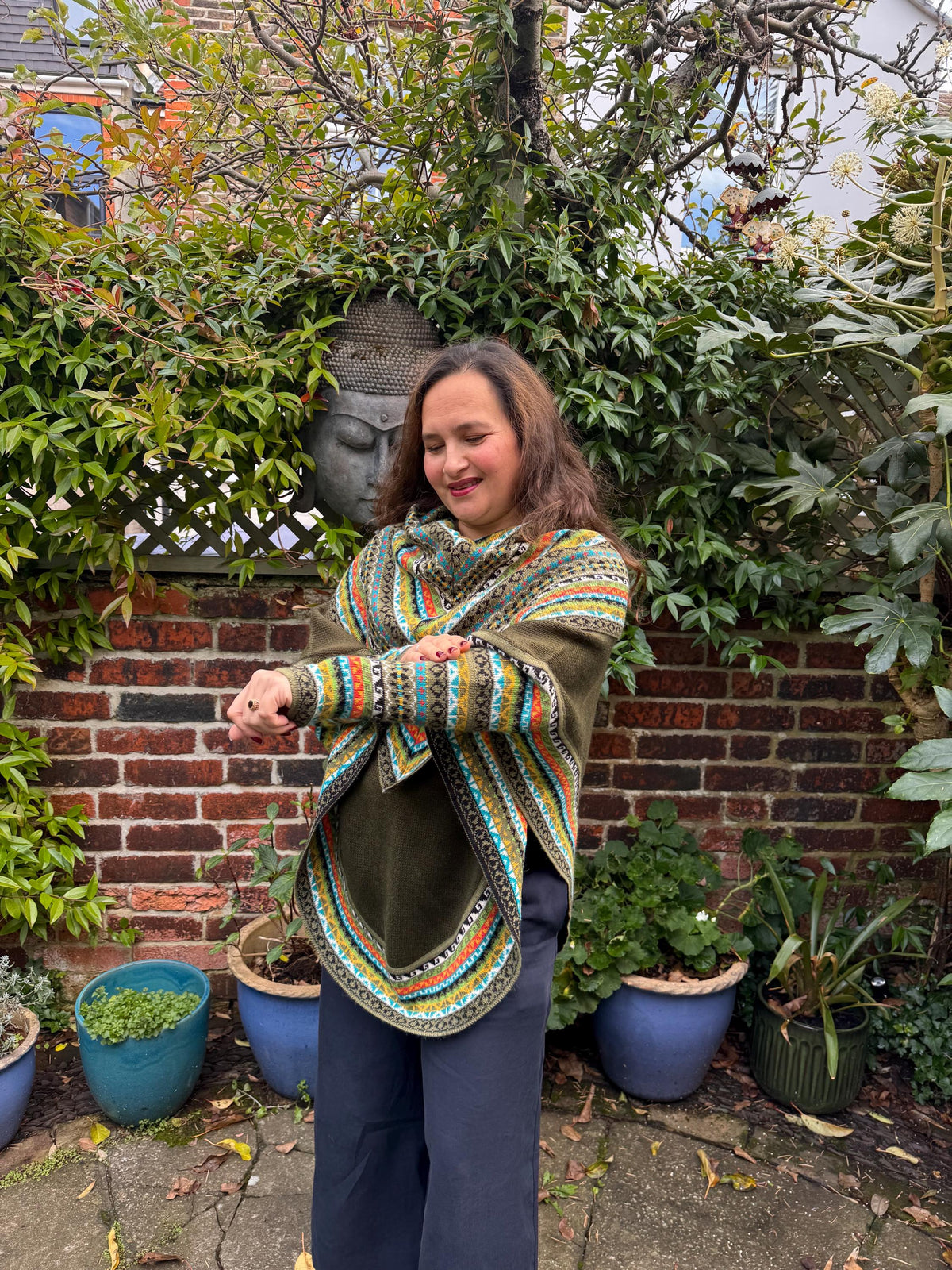 Olive Green Fair Isle Alpaca Poncho with Sleeves, photo 4