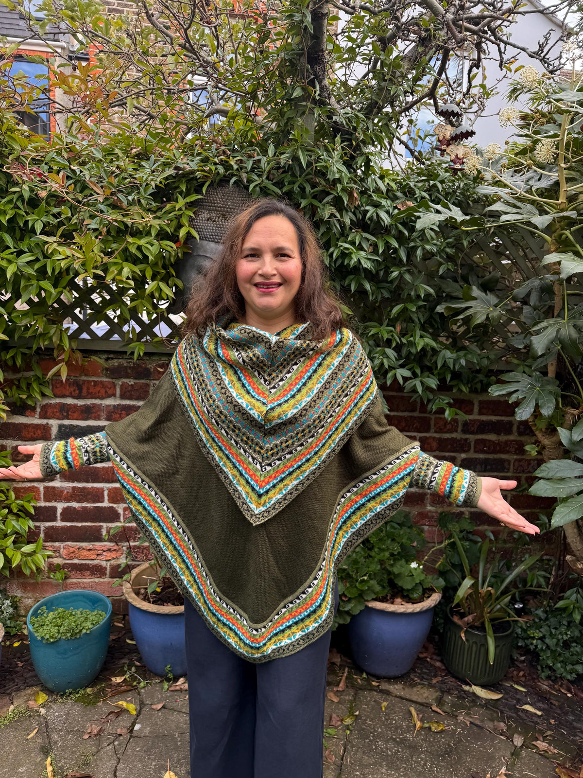 Olive Green Fair Isle Alpaca Poncho with Sleeves