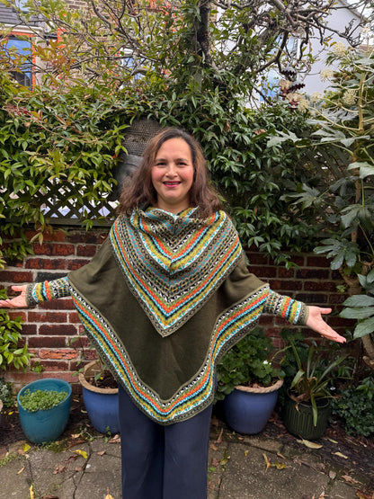 Olive Green Fair Isle Alpaca Poncho with Sleeves