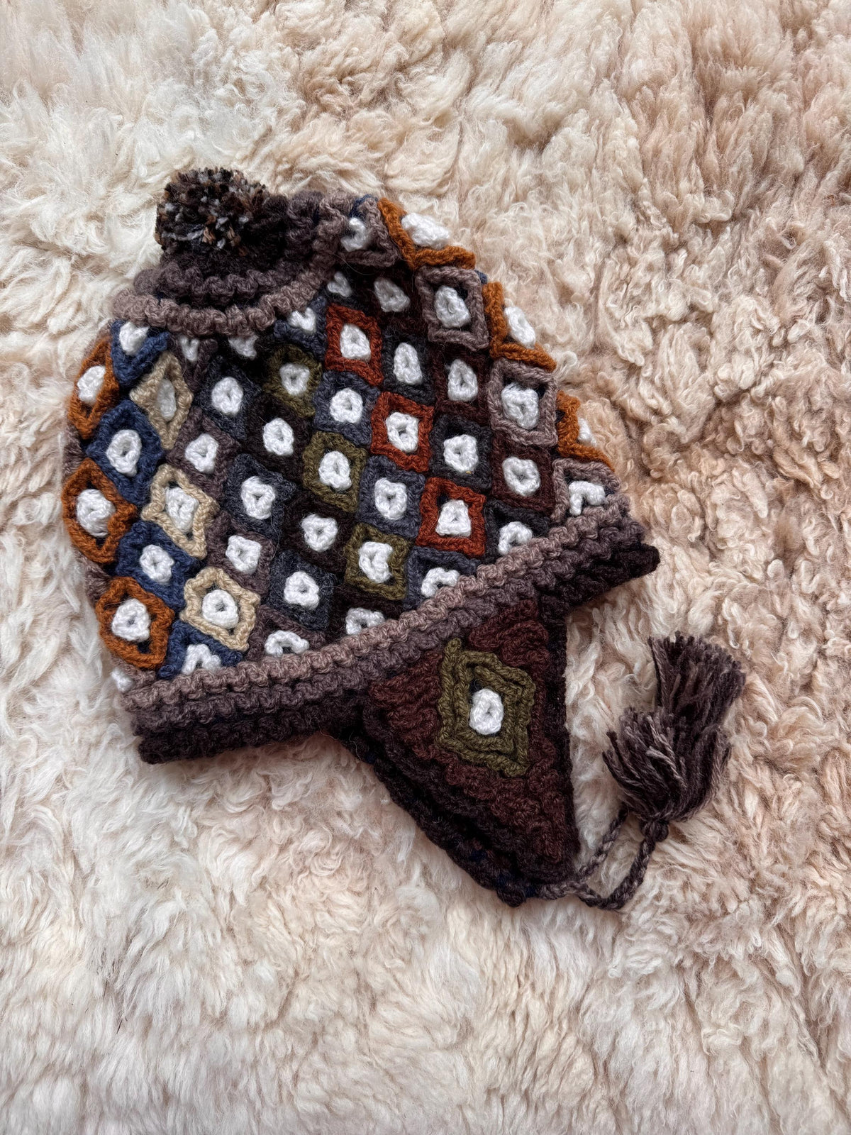 Mosaic Diamond Alpaca Chullo Hat - Brown & Pink, photo 4