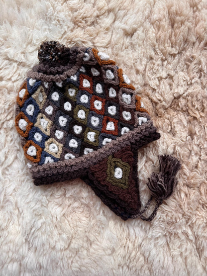 Mosaic Diamond Alpaca Chullo Hat - Brown & Pink, photo 4