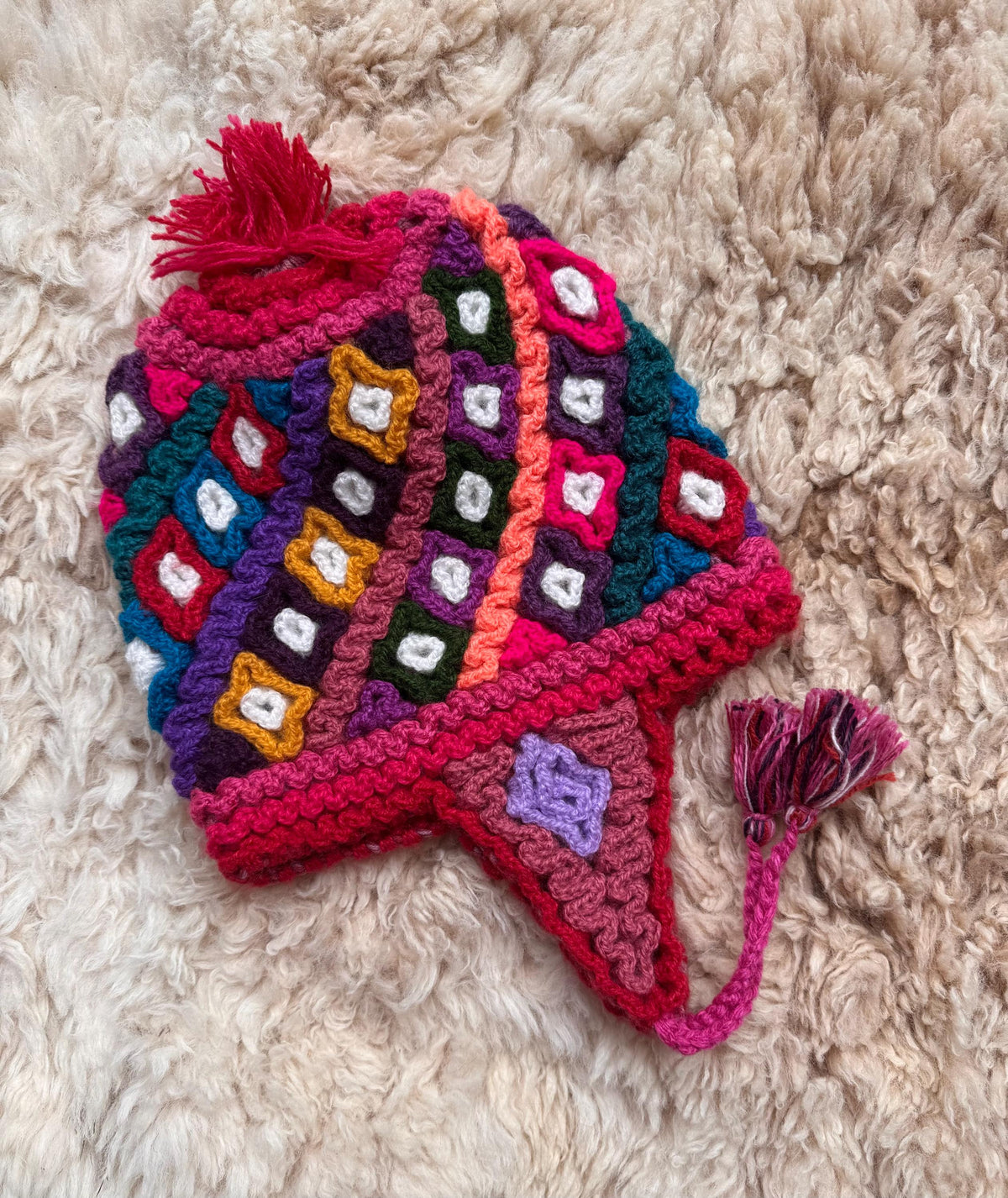 Mosaic Diamond Alpaca Chullo Hat - Brown & Pink, photo 3