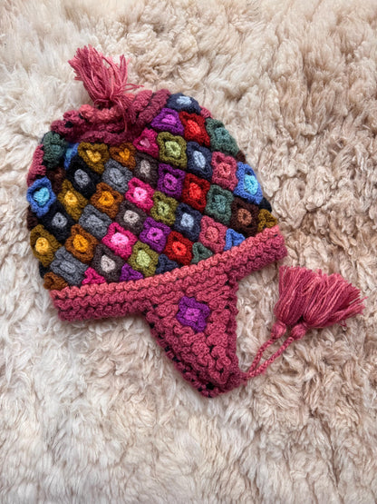 Mosaic Diamond Alpaca Chullo Hat - Brown & Pink, photo 5