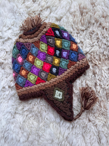 Mosaic Diamond Alpaca Chullo Hat - Brown & Pink, photo 6
