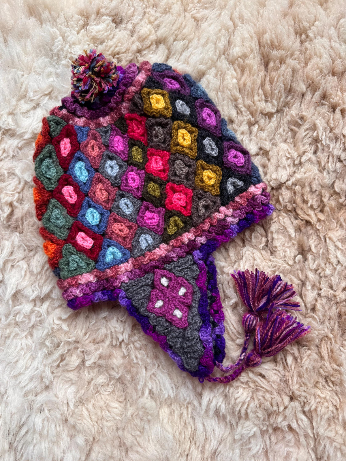Mosaic Diamond Alpaca Chullo Hat - Charcoal Brights, photo 3
