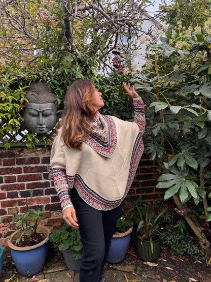 Beige Fair Isle Alpaca Poncho with Sleeves