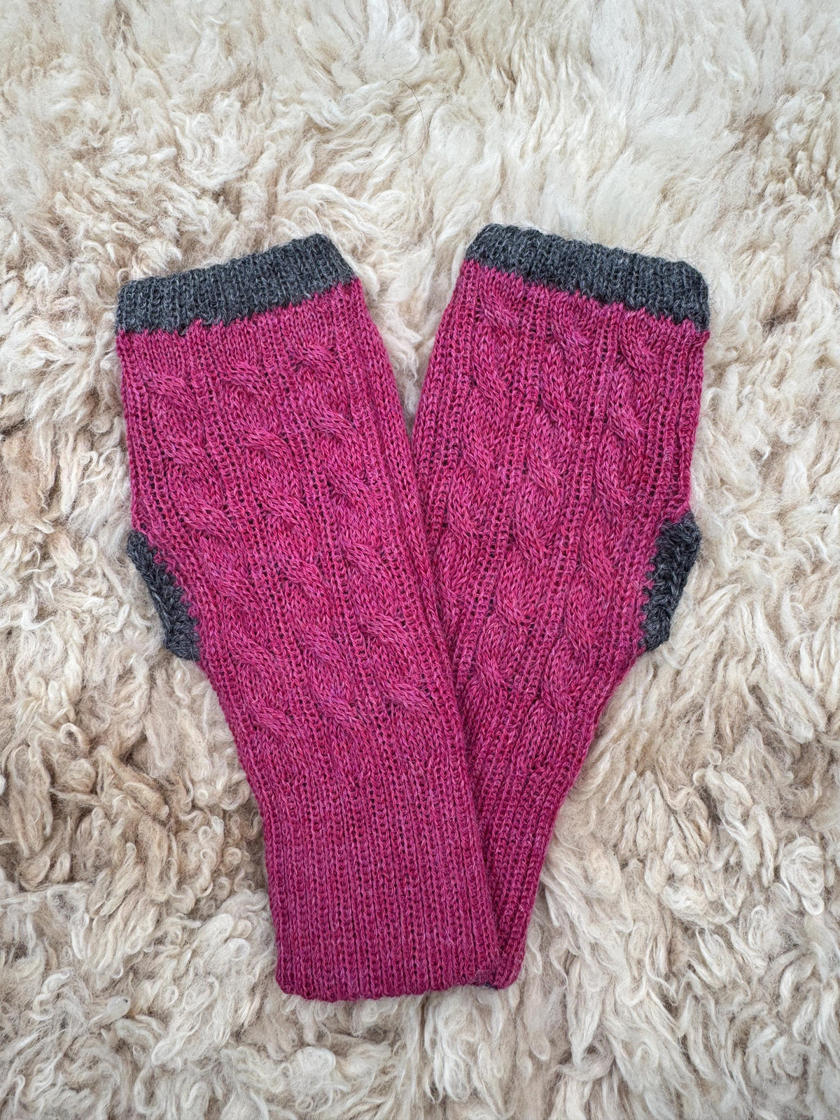 Pink & Grey Reversible Cable Knit Baby Alpaca Fingerless Gloves