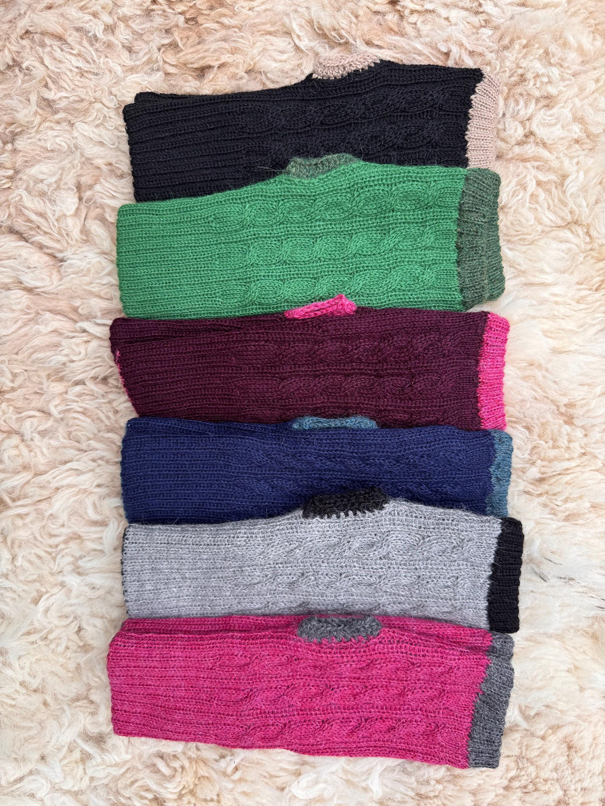 Grey & Black Reversible Cable Knit Baby Alpaca Fingerless Gloves, photo 2