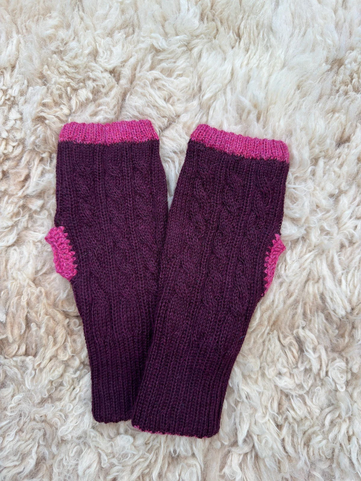 Burgundy & Pink Reversible Cable Knit Baby Alpaca Fingerless Gloves