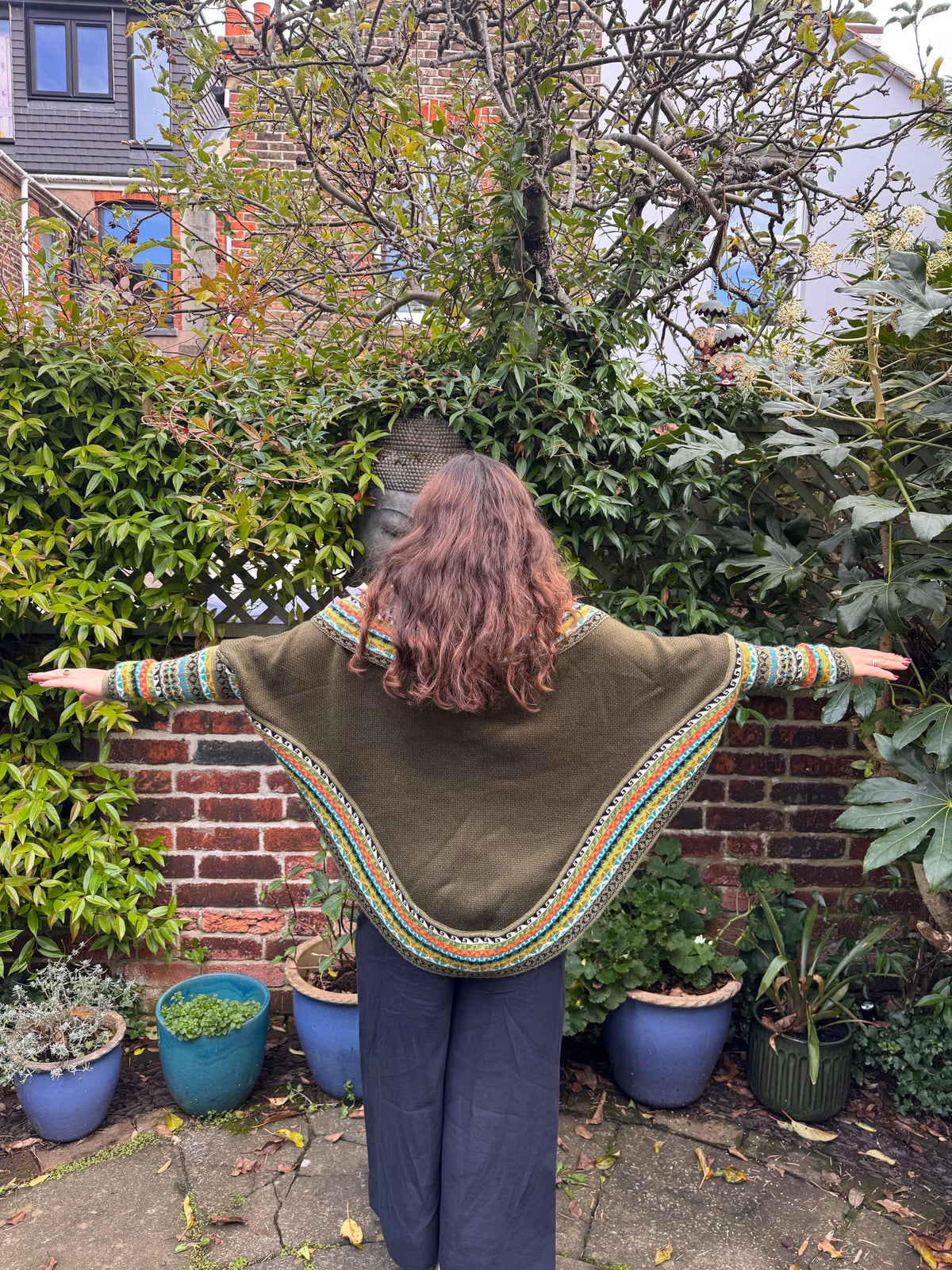 Olive Green Fair Isle Alpaca Poncho with Sleeves, photo 6