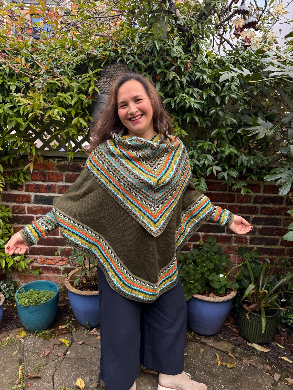Olive Green Fair Isle Alpaca Poncho with Sleeves, photo 3