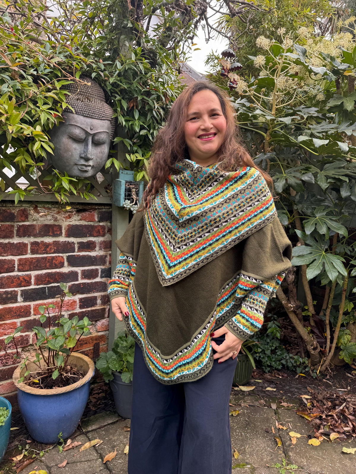 Olive Green Fair Isle Alpaca Poncho with Sleeves, photo 2