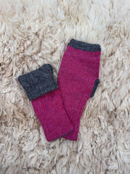 Pink & Grey Reversible Cable Knit Baby Alpaca Fingerless Gloves, photo 2