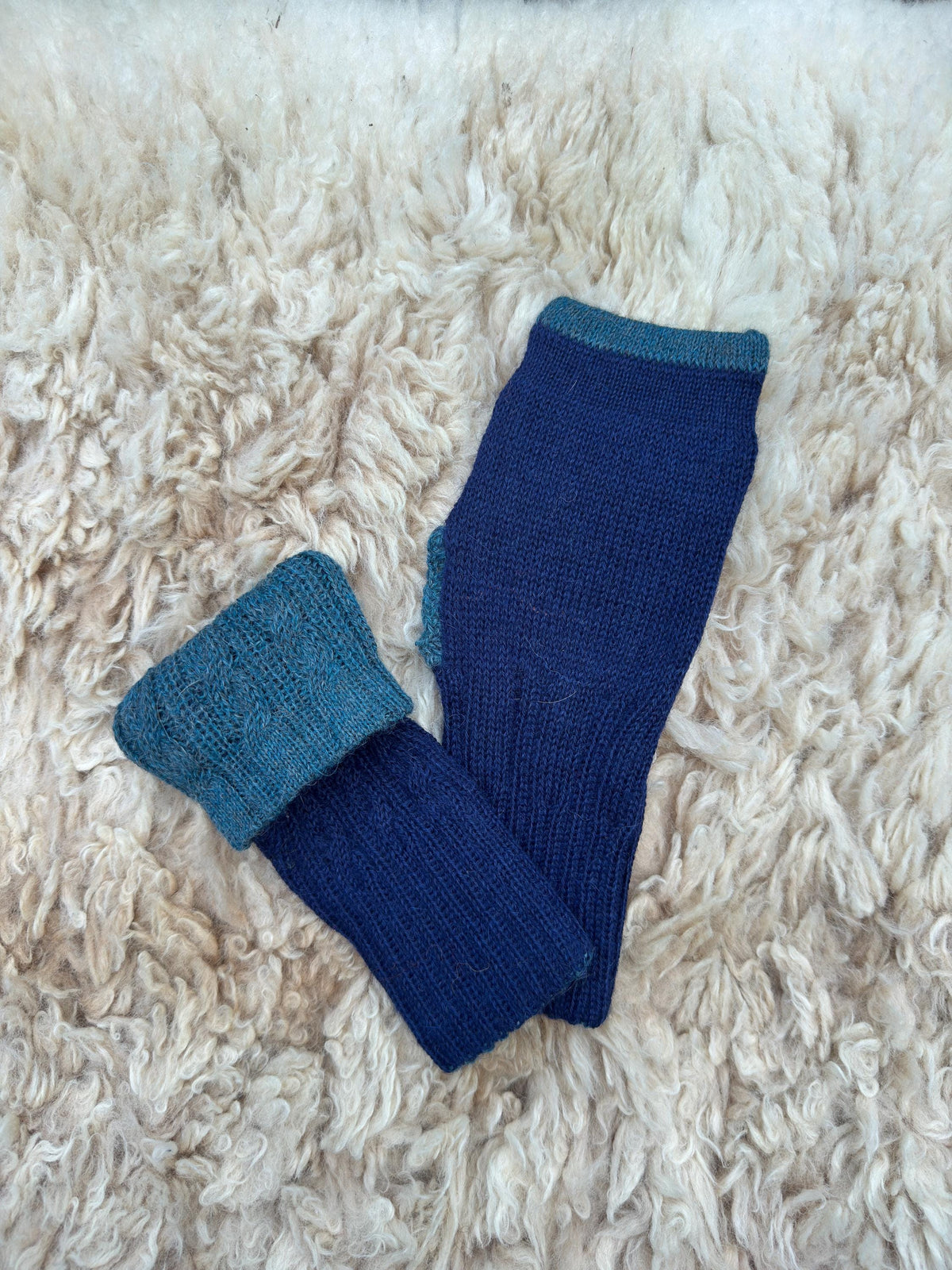 Royal Blue & Teal Reversible Cable Knit Baby Alpaca Fingerless Gloves, photo 2